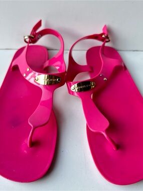 Michael Kors Hot Pink Jelly T-Strap Flat Sandals Slingback Gold Plate Size 10